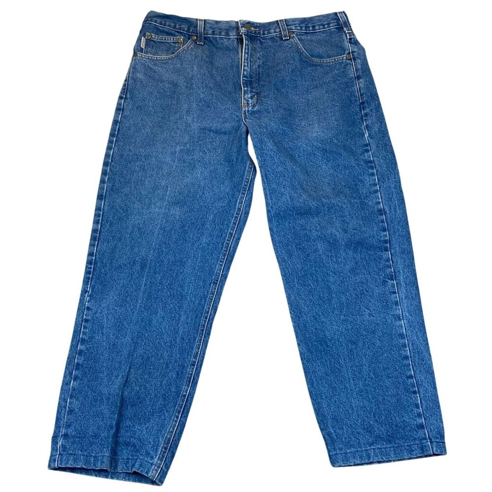 Carhartt Mens Carpenter Jeans 38x27 Relaxed Straight Workwear Cotton Blue Denim